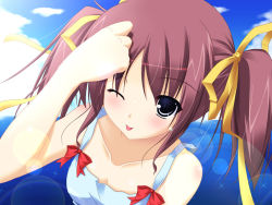 Rule 34 | 1girl, ;p, bow, brown hair, dojikko pose, one eye closed, original, solo, tongue, tongue out, twintails, wink, yoshiharu