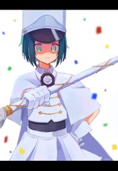 Rule 34 | 1girl, @ @, black hair, cape, closed mouth, collared cape, facing viewer, female focus, gloves, gradient eyes, green eyes, hat, highres, marching band baton, medium hair, milgram, momose amane, multicolored eyes, official alternate costume, purple eyes, shako cap, short cape, skirt, solo, standing, suimi mizuame0126, white cape, white gloves, white hat, white skirt
