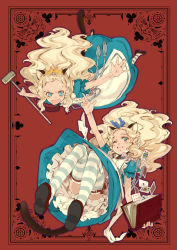 Rule 34 | alice (alice in wonderland), alice in wonderland, animal ears, annoyed, apron, blonde hair, bloomers, blue eyes, book, card, card (medium), card in book, cat ears, cat tail, club (weapon), falling, floating card, murasawa hiroshi, one eye closed, original, striped clothes, striped legwear, striped thighhighs, tail, thighhighs, underwear, weapon, wink