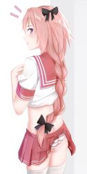 Rule 34 | 1boy, :o, absurdres, ass, astolfo (fate), black ribbon, blush, braid, clothes lift, fate/apocrypha, fate/grand order, fate (series), hair ribbon, highres, long hair, looking at viewer, looking back, male focus, midriff, neckerchief, open mouth, panties, parted lips, pink hair, pink neckerchief, pink skirt, pleated skirt, purple eyes, ribbon, school uniform, serafuku, shiny skin, shirt, short sleeves, single braid, skirt, skirt lift, solo, striped clothes, striped panties, surprised, thighhighs, trap, underwear, very long hair, white hair, white shirt, zeppeki shoujo