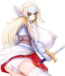 Rule 34 | 1girl, 57mm, armor, ass, blonde hair, blue eyes, breasts, cowboy shot, cropped legs, eyelashes, gigantic breasts, holding, holding weapon, impossible clothes, long hair, looking at viewer, looking back, miniskirt, panties, pleated skirt, red skirt, simple background, skirt, smile, solo, sword, thighhighs, underwear, weapon, white background, white panties