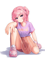 Rule 34 | 1girl, absurdres, arm behind back, closed mouth, clothes writing, collarbone, commentary, doki doki literature club, english commentary, english text, expressionless, eyelashes, eyes visible through hair, hair ornament, hair ribbon, head tilt, highres, kneeling, legs, looking at viewer, medium skirt, natsuki (doki doki literature club), on one knee, orange skirt, pink eyes, pink footwear, pink hair, purple shirt, ribbon, sascha517, shirt, shirt tucked in, shoes, short hair, short sleeves, short twintails, simple background, skirt, sneakers, solo, striped clothes, striped skirt, t-shirt, thighs, twintails, upskirt, white background, white ribbon, x hair ornament