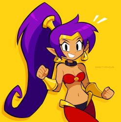 1girl artist_name bra clenched_hands commentary earrings english_commentary grin hair_tubes high_ponytail highres jewelry long_hair looking_at_viewer navel pants pointy_ears red_bra red_pants shantae shantae_(series) simple_background smile solo underwear vinny_(dingitydingus) yellow_background