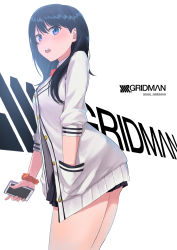 Rule 34 | 10s, 1girl, absurdres, ayul (ayulneri 92), black hair, black skirt, blue eyes, blush, bow, cardigan, cellphone, copyright name, from side, gridman universe, hand in pocket, highres, holding, holding phone, long hair, long sleeves, looking at viewer, microskirt, nose blush, open mouth, orange scrunchie, phone, pleated skirt, red bow, school uniform, scrunchie, shirt, skirt, smartphone, solo, ssss.gridman, sweater, takarada rikka, thighs, white shirt, white sweater, wrist scrunchie