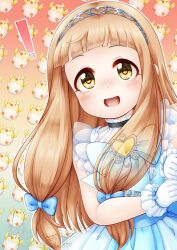 Rule 34 | !, 1girl, :d, animal background, blue background, blue bow, blue dress, blush, bow, commentary request, dated, dress, gloves, gradient background, hair bow, heart, highres, ichihara nina, idolmaster, idolmaster cinderella girls, idolmaster cinderella girls starlight stage, light brown hair, long hair, looking at viewer, open mouth, outline, red background, regular mow, signature, sleeveless, sleeveless dress, smile, solo, twitter username, very long hair, watermark, white gloves, white outline, x-ray, yellow eyes