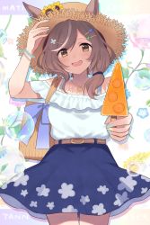 Rule 34 | 1girl, absurdres, alternate costume, animal ears, arm up, belt, blush, breasts, brown hair, casual, commentary request, food, gum (vivid garden), hair ornament, hat, highres, horse ears, horse tail, matikane tannhauser (umamusume), medium breasts, medium hair, simple background, solo, straw hat, tail, umamusume, yellow eyes