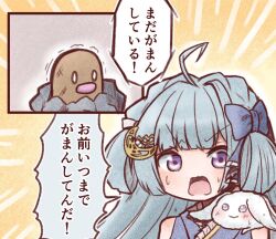 Rule 34 | 1girl, ahoge, amaui, animal, animal on shoulder, blue bow, blue hair, blue kimono, blunt bangs, blush, bow, commentary request, creatures (company), crescent, crescent hair ornament, diglett, game freak, gen 1 pokemon, hair bow, hair ornament, highres, japanese clothes, kimono, long hair, looking at viewer, medium bangs, nanashi inc., nintendo, open mouth, orange background, pokemon, powercandy, purple eyes, rabbit, translation request, upper body, virtual youtuber