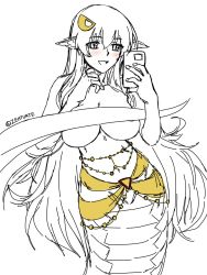 Rule 34 | 1girl, :d, blush, breasts, cellphone, covering nipples, covering privates, hair between eyes, highres, holding, holding phone, lamia, large breasts, long hair, miia (monster musume), monster girl, monster musume no iru nichijou, no bra, open mouth, phone, pointy ears, selfie, sketch, smartphone, smile, solo, spot color, tail, twitter username, very long hair, zehturtle