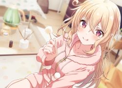 Rule 34 | 1girl, blonde hair, blurry, blurry background, blush, collarbone, couch, hand up, highres, holding, hood, hoodie, indoors, licking lips, long hair, long sleeves, looking at viewer, mimikaki, original, pink hoodie, red eyes, siokazunoko, sitting, smile, solo, table, tongue, tongue out