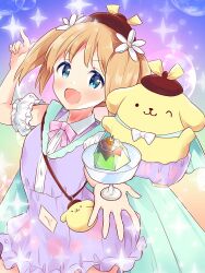 Rule 34 | 1girl, blonde hair, cup, flower, food, hair flower, hair ornament, hat, holding, holding food, mole, navel, open mouth, pompompurin, sakura trick, sanrio, smile, sonoda yuu, tachi (gutsutoma), twintails