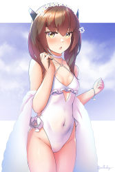 Rule 34 | 1girl, anchor ornament, anger vein, angry, arthur ko, bare arms, bare legs, bare shoulders, blush, brown eyes, brown hair, casual one-piece swimsuit, choker, collarbone, cosplay, covered navel, cowboy shot, flower, frilled one-piece swimsuit, frilled swimsuit, frills, groin, hair between eyes, headgear, highleg, highleg swimsuit, highres, kantai collection, one-piece swimsuit, open mouth, sagiri (kancolle), sagiri (kancolle) (cosplay), shawl, short hair, side-tie swimsuit, solo, swimsuit, taihou (kancolle), thighs, twitter username, white choker, white flower, white one-piece swimsuit, white shawl