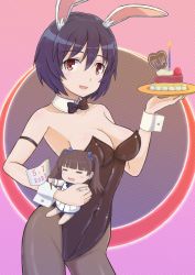 Rule 34 | 1girl, animal ears, black bow, black bowtie, black hair, black leotard, black pantyhose, blush, bow, bowtie, brave witches, breasts, cake, cleavage, collarbone, covered navel, food, georgette lemare, highres, keicha (kmoekaki), large breasts, leotard, pantyhose, playboy bunny, rabbit ears, shimohara sadako, short hair, solo, stuffed toy, world witches series