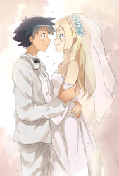 Rule 34 | 1boy, 1girl, aged up, ash ketchum, bare shoulders, black hair, blonde hair, blush, bow, bowtie, braid, bridal veil, brown eyes, cowboy shot, creatures (company), dress, elbow gloves, eye contact, feet out of frame, flower wreath, french braid, from side, game freak, gloves, green eyes, hand on another&#039;s back, hands on another&#039;s chest, holding own arm, kuriyama, lillie (pokemon), long hair, long sleeves, looking at another, nintendo, pants, pokemon, pokemon (anime), pokemon sm (anime), short hair, simple background, smile, spiked hair, standing, strapless, strapless dress, tuxedo, veil, wedding dress, white dress, white gloves, white pants
