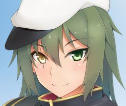 Rule 34 | 10s, 1girl, blush, close-up, eyebrows, gold trim, green eyes, green hair, hat, heterochromia, kantai collection, kiso (kancolle), long hair, looking at viewer, matching hair/eyes, no eyepatch, portrait, sailor hat, scar, simple background, smile, solo, takaman (gaffe), yellow eyes