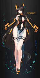 Rule 34 | 1girl, bare shoulders, black hair, breasts, cleavage, cleavage cutout, clothing cutout, elbow gloves, floating headgear, full body, gloves, groin, hair over one eye, hayabusa (vert 320), headgear, highres, holster, leotard, light smile, long hair, looking at viewer, mole, mole on breast, mole on stomach, mole under eye, navel, original, pelvic curtain, see-through, slit pupils, solo, thigh holster, very long hair, yellow eyes