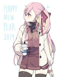 Rule 34 | 1girl, bag, beige coat, blush, bow, braid, brown shirt, character name, coat, collared shirt, commentary request, cup, finger to mouth, girls&#039; frontline, hair between eyes, hair bow, hair ornament, hair ribbon, hairclip, happy new year, heart, hexagram, highres, holding, holding cup, jingo, long hair, long sleeves, looking away, negev (girls&#039; frontline), new year, one side up, pink hair, purple skirt, red bow, red eyes, ribbon, shirt, shushing, skirt, smile, solo, sparkle, star of david, turtleneck, undershirt