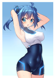 Rule 34 | 1girl, ahoge, armpits, arms up, blue background, blue eyes, blue hair, bodysuit, border, breasts, cameltoe, chestnut mouth, covered erect nipples, covered navel, cowboy shot, craytm, gradient background, highres, looking at viewer, medium breasts, original, sidelocks, solo, twintails, wet, white border