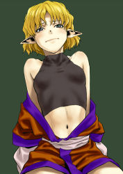 Rule 34 | 1girl, bad id, bad pixiv id, bare shoulders, blonde hair, collarbone, female focus, green eyes, grey background, highres, midriff, mizuhashi parsee, multicolored eyes, navel, off shoulder, pointy ears, purple eyes, shiba itsuki, short hair, simple background, solo, touhou, turtleneck, undressing