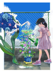Rule 34 | 1girl, :d, black hair, border, chain-link fence, cloud, commentary request, creatures (company), day, dress, fence, florges, florges (blue flower), flower, flower pot, game freak, gen 6 pokemon, hair ribbon, highres, long hair, nintendo, open mouth, outdoors, outside border, plant, pokemon, pokemon (creature), purple dress, purple footwear, ribbon, rin.rin, shoes, short sleeves, sky, smile, sneakers, standing, summer, teeth, upper teeth only, watering can, white border