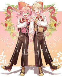 2boys :d absurdres ahoge bishounen black_footwear bow bowtie brown_pants character_name copyright_name drop_shadow ensemble_stars! full_body gradient_background happy heart heart_hands heart_hands_duo high-waist_pants highres holding_hands letterboxed light_blush long_sleeves looking_at_viewer male_focus matching_outfits multiple_boys open_mouth outside_border pants peter_pan_collar red_bow shino_(sinotaro_) shirt_tucked_in shoulder-to-shoulder smile standing standing_on_one_leg suspenders teeth