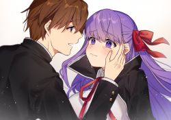 Rule 34 | 1boy, 1girl, bb (fate), bb (fate/extra), black jacket, bow, breasts, brown eyes, brown hair, closed mouth, collared shirt, eye contact, fate/extra, fate/extra ccc, fate (series), gakuran, hair between eyes, hair bow, hand on another&#039;s face, jacket, karokuchitose, kishinami hakuno (male), large breasts, long hair, long sleeves, looking at another, neck ribbon, open clothes, open jacket, open mouth, profile, purple eyes, purple hair, red bow, red ribbon, ribbon, school uniform, shirt, smile, tears, white shirt