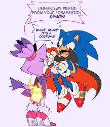 Rule 34 | 1boy, 1girl, absurdres, blaze the cat, fangs, fire, flaming hand, fur-trim, fur-trimmed jacket, fur trim, furry, furry female, furry male, gloves, halloween, halloween costume, high heels, highres, jacket, lifting person, misunderstanding, red eyes, shoes, sonic (series), sonic the hedgehog, speech bubble, stellarspin, vampire costume, white gloves