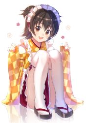 Rule 34 | 1girl, :d, akagi miria, apron, bad id, bad pixiv id, bands, bare shoulders, black hair, blush, brown eyes, checkered clothes, checkered kimono, cotrpopor, detached sleeves, dot nose, flower, full body, geta, idolmaster, idolmaster cinderella girls, japanese clothes, kimono, knees up, looking at viewer, maid, maid headdress, open mouth, red skirt, reflection, ribbon-trimmed legwear, ribbon trim, round teeth, short hair, short twintails, sitting, skirt, sleeves past wrists, smile, solo, teeth, thighhighs, twintails, two side up, wa maid, white apron, white background, white thighhighs, wide sleeves