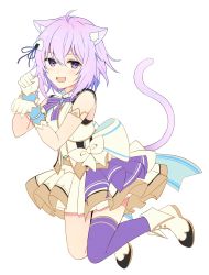 Rule 34 | 1girl, ahoge, animal ears, bow, cat ears, cat girl, cat tail, fang, food-themed hair ornament, gloves, hair ornament, highres, hololive, idol clothes, nekomata okayu, official alternate costume, onigiri hair ornament, paw pose, pleated skirt, purple eyes, purple hair, simple background, single thighhigh, skirt, solo, tail, thighhighs, virtual youtuber, white background, white gloves, yukichi (eikichi)