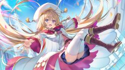 Rule 34 | 1girl, blonde hair, blurry, boots, braid, cape, cloud, cloudy sky, day, full body, gold trim, hat, highres, kamihime project, knee boots, long hair, long sleeves, looking at viewer, official art, open mouth, outdoors, outstretched arms, petals, pleated skirt, simple background, skirt, sky, smile, solo, spread arms, thighhighs, thighs, tomose shunsaku, twin braids, wide sleeves