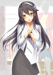 Rule 34 | 10s, 1girl, bag, black dress, black hair, black skirt, blush, brown eyes, collarbone, commentary request, dress, haruna (kancolle), jacket, jewelry, kantai collection, kyougoku touya, long hair, long sleeves, necklace, open mouth, product placement, shopping bag, skirt, solo, white jacket