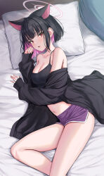 Rule 34 | 1girl, absurdres, alternate costume, animal ears, bare shoulders, black camisole, black hair, black jacket, blue archive, breasts, camisole, cat ears, cat girl, cleavage, colored inner hair, dolphin shorts, extra ears, halo, highres, jacket, kazusa (blue archive), looking at viewer, lying, medium breasts, multicolored hair, navel, off shoulder, on bed, open clothes, open jacket, pillow, pink halo, rama (yu-light8), short hair, short shorts, shorts, solo, spaghetti strap, two-tone hair