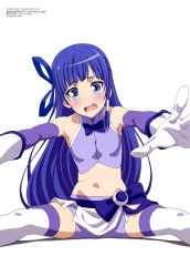 Rule 34 | 1girl, absurdres, bike shorts, blue eyes, blue hair, blush, clothes lift, d:, embarrassed, flat chest, gloves, highres, long hair, looking at viewer, megami magazine, midriff, official art, open mouth, sakigake rei, scan, simple background, skirt, skirt lift, solo, tanigawa ryousuke, thighhighs, very long hair, white background, wixoss, wixoss diva(a)live