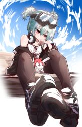 Rule 34 | 1girl, absurdres, bare shoulders, black pantyhose, goggles, goggles on head, green hair, headphones, headphones around neck, highres, kimhiro, looking at viewer, maki (blue archive), original, pantyhose, red eyes, short hair, solo, thighs, twintails