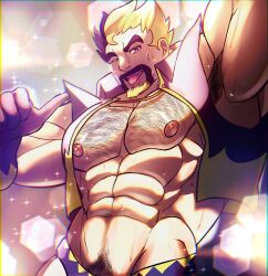 Rule 34 | 1boy, :p, abs, absurdres, arm up, armpit hair, bara, bare pectorals, black hair, blonde hair, cheekbones, eros (erosterone), facial hair, gloves, goatee, hairy, highres, huge eyebrows, human fuerte (great el fuerte&#039;s), large pectorals, looking at viewer, male focus, mature male, multicolored hair, muscular, muscular male, mustache, navel, navel hair, nipples, one eye closed, original, pectorals, pointing, pointing at self, seductive smile, short hair, smile, solo, sparkling sweat, sparse navel hair, spiked hair, stomach, thick chest hair, thick mustache, tongue, tongue out, two-tone beard, two-tone hair, upper body, victory, wrestling outfit