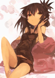 Rule 34 | 1girl, absurdres, alternate costume, barefoot, black shorts, brown hair, cigarette, folded ponytail, hair between eyes, highres, holding, holding cigarette, inazuma (kancolle), kaamin (mariarose753), kantai collection, off shoulder, open mouth, ponytail, shorts, simple background, sitting, smoke, smoking, solo, tank top, white background, yellow eyes