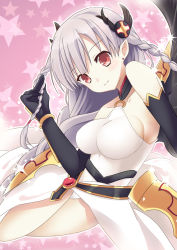 Rule 34 | 1girl, bare shoulders, belt, blush, braid, breasts, cleavage, detached sleeves, dress, earrings, elbow gloves, elf, gloves, grey hair, hair ornament, halterneck, halterneck, hand in own hair, jewelry, light valkyrie (p&amp;d), long hair, panties, pink background, pointy ears, puzzle &amp; dragons, red eyes, sideboob, smile, solo, star (symbol), starry background, tsukiji, twin braids, underwear, valkyrie (p&amp;d), white dress, white panties