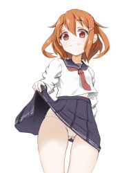 Rule 34 | 1girl, black skirt, breasts, brown eyes, brown hair, clothes lift, fang, gluteal fold, hair ornament, hairclip, highres, ikazuchi (kancolle), kantai collection, lifting own clothes, long sleeves, looking at viewer, miniskirt, neckerchief, panties, pleated skirt, red neckerchief, school uniform, serafuku, shirt, short hair, simple background, skin fang, skirt, skirt lift, small breasts, smile, solo, tetsuryuu, underwear, white background, white panties, white shirt