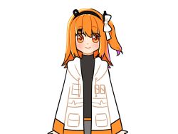 Rule 34 | 1girl, a.i. voice, adachi rei, arms at sides, black shirt, closed mouth, drawstring, hair ornament, hair ribbon, headlamp, hood, hood down, hooded jacket, jacket, long sleeves, looking at viewer, medium hair, one side up, open clothes, open jacket, orange eyes, orange hair, retsu404, ribbon, shirt, simple background, smile, solo, standing, straight-on, transparent background, turtleneck, upper body, utau, white jacket, white ribbon