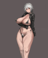 Rule 34 | 00s, 1girl, bikini, blush, breasts, curvy, dungeon and fighter, female pubic hair, huge breasts, jacket, looking at viewer, metal owl (aden12), navel, pubic hair, red eyes, short hair, silver hair, simple background, slayer (dungeon and fighter), solo, swimsuit, thighs, thong