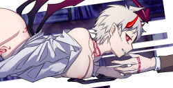 Rule 34 | 2boys, absurdres, alternate costume, alternate eye color, alternate hair color, collarbone, cowboy shot, cream, cream on face, danganronpa (series), danganronpa 2: goodbye despair, demon horns, demon tail, demon wings, food, food on face, grey background, grey hair, grey shirt, grin, hand tattoo, highres, hinata hajime, horns, long sleeves, low wings, lying, multicolored background, multiple boys, neck tattoo, nipples, on stomach, open clothes, open shirt, pubic tattoo, red eyes, shirt, short hair, smile, suggestive fluid, tail, tattoo, teeth, wings, yaoi, ziling