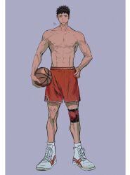 Rule 34 | 1boy, abs, absurdres, ball, basketball (object), bishounen, black eyes, brown hair, full body, grey background, hand on own hip, highres, holding, holding ball, knee brace, korean text, looking at viewer, male focus, mitsui hisashi, nipples, og man, pectorals, pout, red shorts, short hair, shorts, slam dunk (series), socks, solo, straight-on, toned, toned male, topless male, translated, white sneakers, white socks
