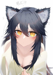 Rule 34 | 1girl, absurdres, alternate costume, animal ear fluff, animal ears, arknights, bare shoulders, black bra, black hair, blurry, blurry background, blush, bra, bra peek, breasts, cleavage, closed mouth, clothes pull, clothing cutout, collarbone, depth of field, high heels, highres, kuilsa, long hair, looking at viewer, medium breasts, pulling own clothes, shirt, shirt pull, shoulder cutout, sidelocks, simple background, solo, texas (arknights), translation request, underwear, upper body, white background, wolf ears, yellow shirt