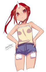 Rule 34 | 1girl, bare arms, bare shoulders, blue shorts, blush, breasts, camisole, closed mouth, collarbone, cropped legs, dated, hands on own hips, horns, leaning to the side, long hair, maze (gochama ze gohan), original, parted bangs, red eyes, red hair, short shorts, shorts, sidelocks, signature, simple background, single horn, sketch, small breasts, solo, twintails, white background, yellow camisole