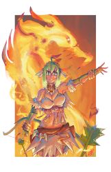 Rule 34 | 1girl, absurdres, ahoge, arm guards, arrow (projectile), bodypaint, bow, breasts, cleavage, cole hart, feathers, fire, fire, green eyes, green hair, highres, jewelry, large breasts, midriff, necklace, short hair, skirt, tattoo, war rock wento, watermark, yu-gi-oh!