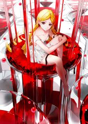Rule 34 | 1girl, ambiguous red liquid, bare legs, bare shoulders, barefoot, black ribbon, blonde hair, brown eyes, champagne tower, collarbone, commentary request, cross-laced clothes, cross-laced dress, cup, dress, drinking glass, eyelashes, frown, highres, kiss-shot acerola-orion heart-under-blade, kizumonogatari, long hair, looking at viewer, mini person, monogatari (series), nekoyama iori, off shoulder, official art, oshino shinobu, parted bangs, ribbon, second-party source, water drop, white dress, wine glass, wrist ribbon
