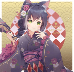 Rule 34 | &gt;:), 1girl, 2020, alternate hairstyle, animal ear fluff, animal ears, black hair, black kimono, black ribbon, blush, border, braid, cat ears, checkered background, closed mouth, commentary request, crown braid, drill hair, floral print, flower, flower knot, frilled sleeves, frills, green eyes, hagoita, hair flower, hair ornament, hair stick, happy new year, highres, holding, japanese clothes, karyl (new year) (princess connect!), karyl (princess connect!), kimono, long sleeves, looking at viewer, multicolored hair, new year, obi, outside border, paddle, paw print, princess connect!, print kimono, red flower, ribbon, sash, silver hair, smile, smug, solo, streaked hair, upper body, white border, white flower, wide sleeves, yoshino ryou, yukata