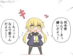 Rule 34 | 1girl, armband, black skirt, black thighhighs, blonde hair, blue jacket, chibi, commentary request, crescent, crescent pin, full body, goma (yoku yatta hou jane), jacket, kantai collection, long hair, long sleeves, neckerchief, open mouth, pleated skirt, satsuki (kancolle), satsuki kai ni (kancolle), shirt, simple background, skirt, solo, standing, thighhighs, translation request, twintails, twitter username, white background, white shirt, yellow eyes, yellow neckerchief