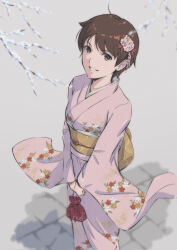 Rule 34 | 1girl, absurdres, ahoge, bag, branch, brown eyes, brown hair, commentary request, floral print, hair ornament, highres, holding, japanese clothes, kasugano sakura, kimono, long sleeves, looking at viewer, obi, parted lips, pink kimono, sash, short hair, smile, snow, solo, street fighter, street fighter zero (series), tyanoki, wide sleeves