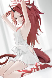 Rule 34 | 1girl, absurdres, armpits, barefoot, black horns, blue archive, breasts, chinese commentary, commentary, dragon tail, eyeshadow, halo, highres, hip vent, horns, long hair, looking at viewer, makeup, nagata gata, pleated skirt, ponytail, red eyes, red eyeshadow, red hair, red halo, red sailor collar, red tail, renge (blue archive), sailor collar, single horn, sitting, skirt, sleeveless, small breasts, solo, tail, wariza, white skirt