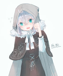 Rule 34 | 1girl, adjusting hood, ahoge, aqua eyes, black capelet, black dress, blush, cape, capelet, commentary, cross-laced clothes, crossed bangs, d:, dress, eyes visible through hair, fate (series), flying sweatdrops, fur collar, gray (fate), grey cape, highres, hood, hood up, hooded cape, long sleeves, lord el-melloi ii case files, neck ribbon, open mouth, ribbon, shirt, silver hair, simple background, solo, upper body, white background, white ribbon, white shirt